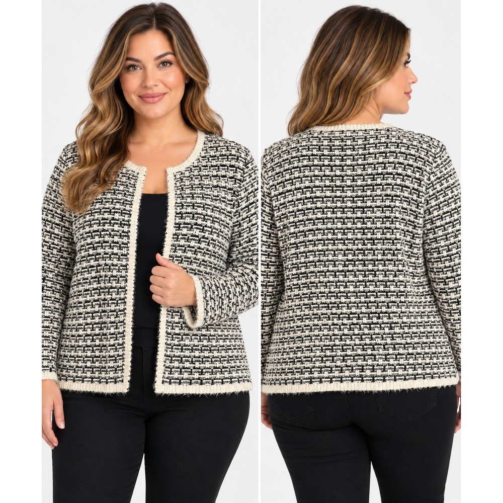 Coldwater Creek Black White Eyelash Knit Open Front Cardigan Sweater 2X 3658